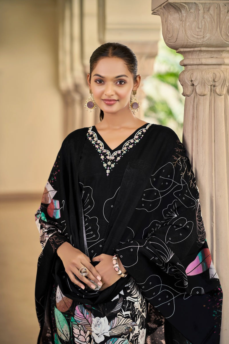 Noir Elegance Black Floral Straight Suit Set with Dupatta