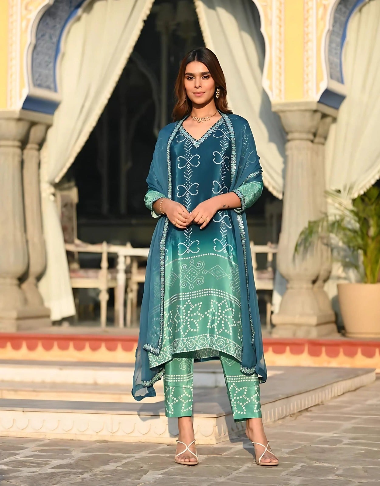 HEER-2 Teal Green Chinon 3-Piece Suit Set with Printed Dupatta
