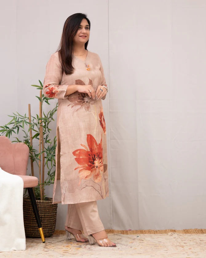 Pankhudi Beige Floral Kurta Set – Chanderi Cotton Elegance