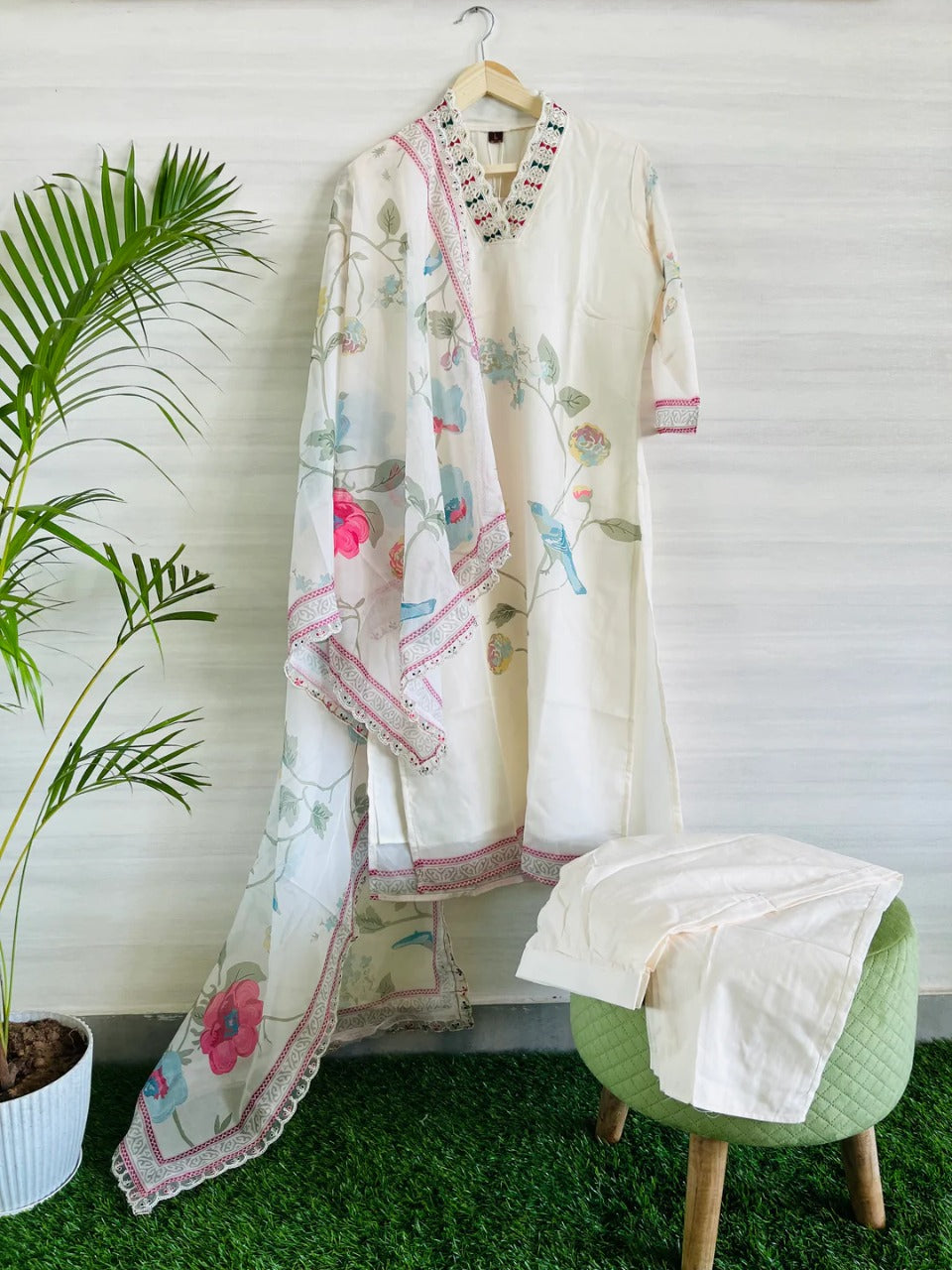 Chidiya White Floral Taby Silk Kurti Set with Dupatta – Elegant Wear