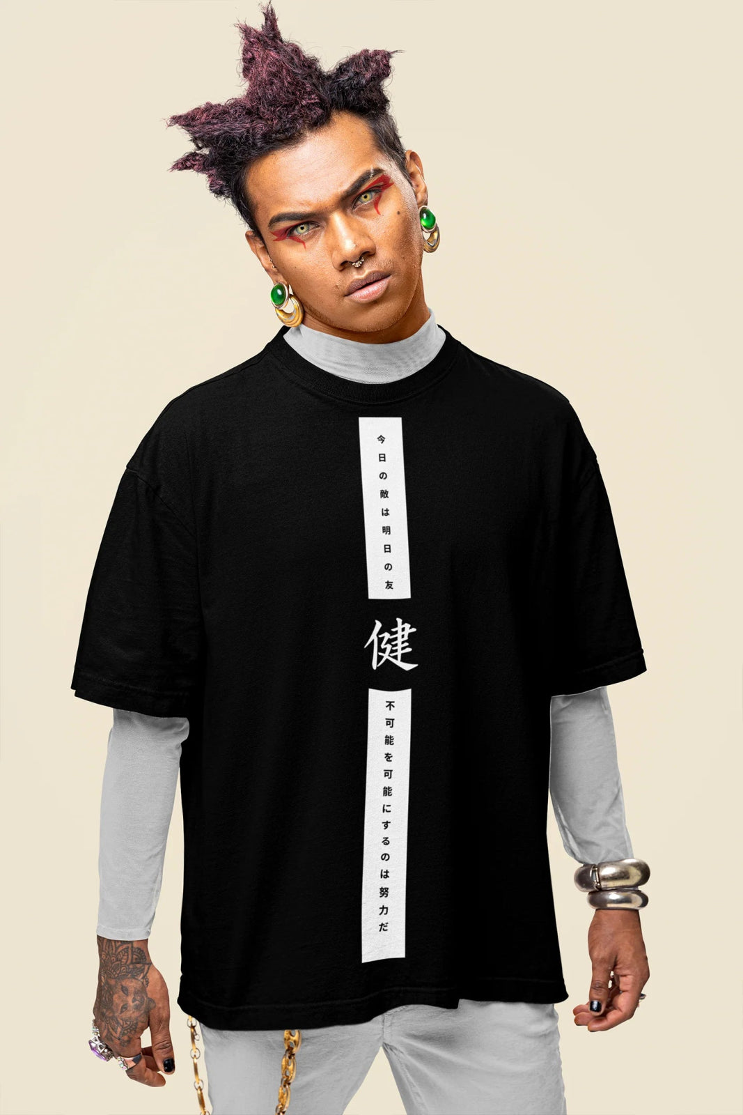 Japanese Typography Printed Oversized Drop Shoulder T-Shirt - Wearified