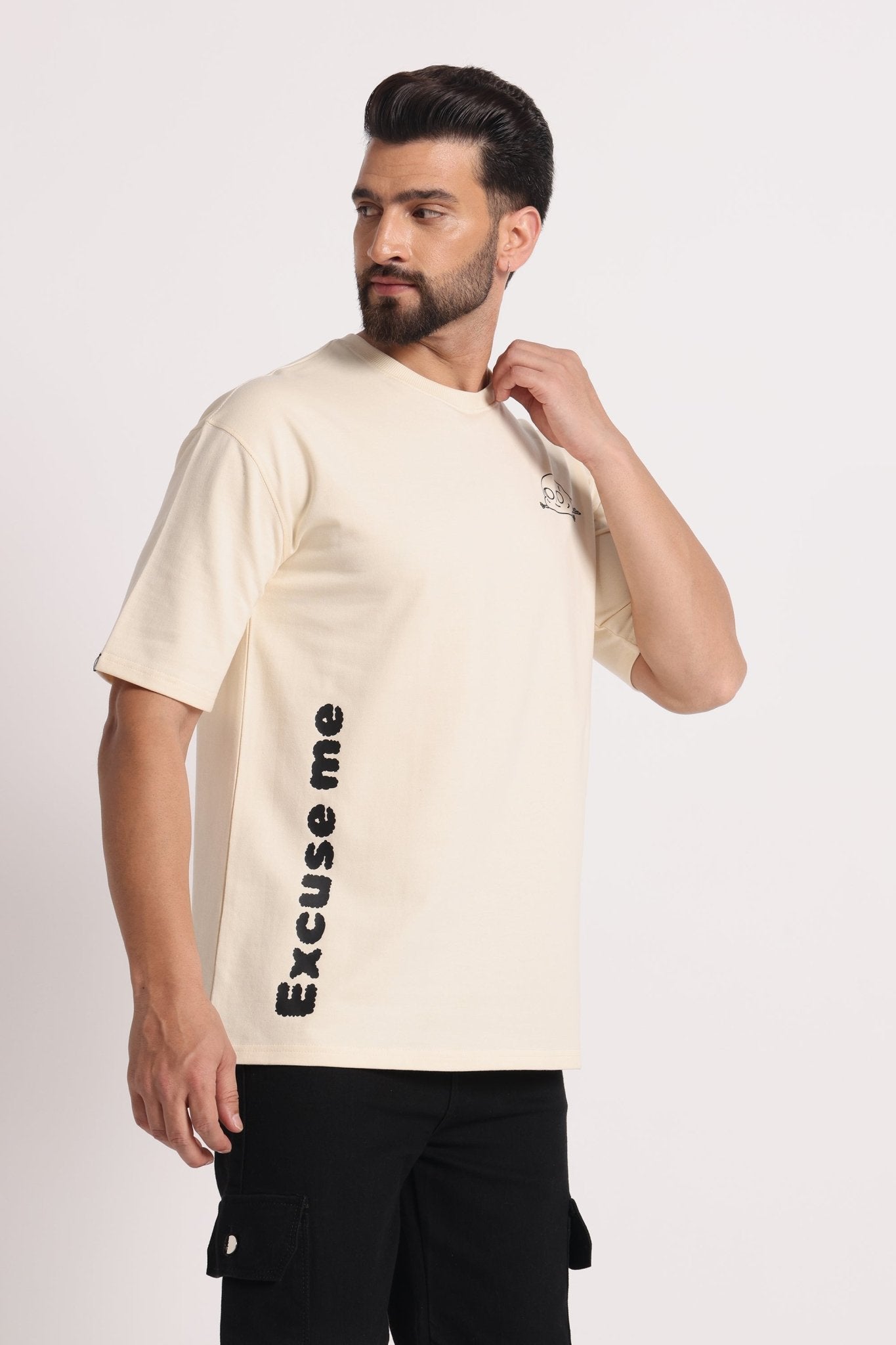 Men's Beige Excuse Me Graphic Printing Oversized T-Shirts - Wearified