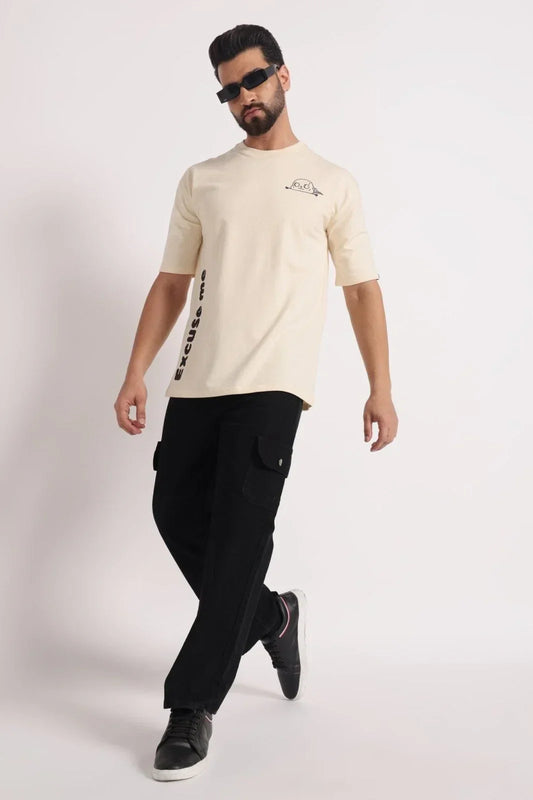 Men's Beige Excuse Me Graphic Printing Oversized T-Shirts - Wearified