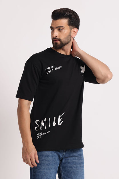 Men's Black "Smile" Oversized Graphic T-Shirt - Wearified