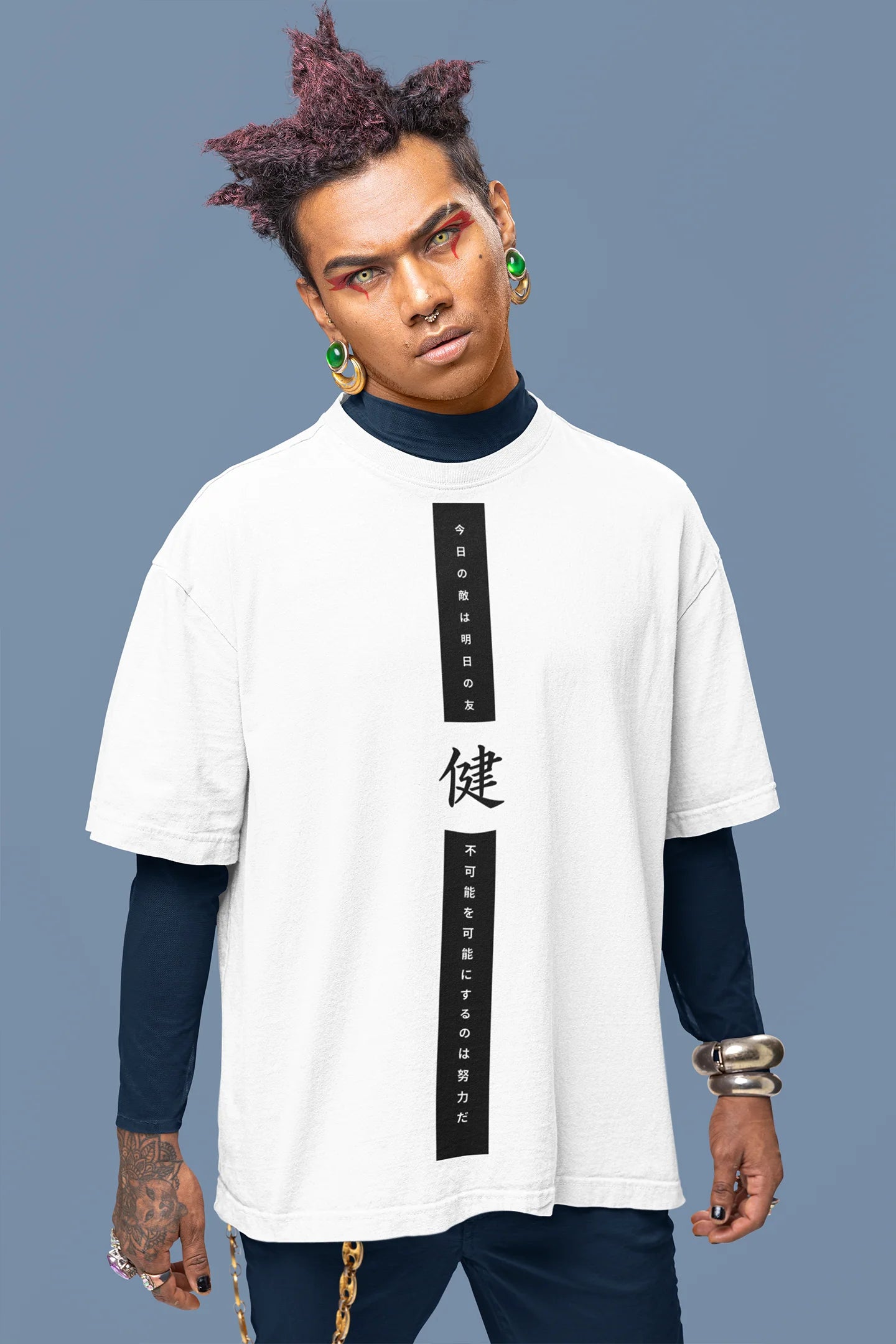 Japanese Typography Printed Oversized Drop Shoulder T-Shirt