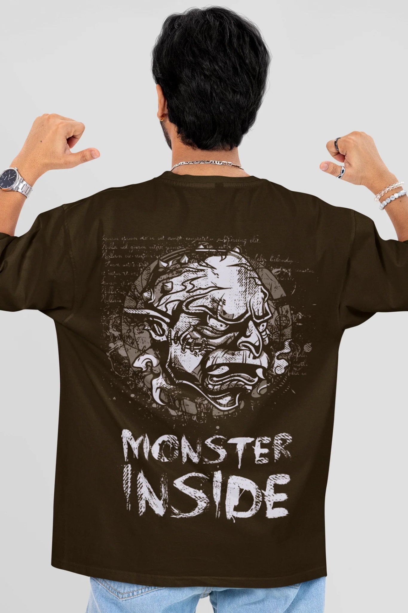 Monster Inside Oversized Graphic T-Shirt for Men – Dark Olive Green - Wearified