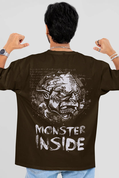 Monster Inside Oversized Graphic T-Shirt for Men – Dark Olive Green - Wearified