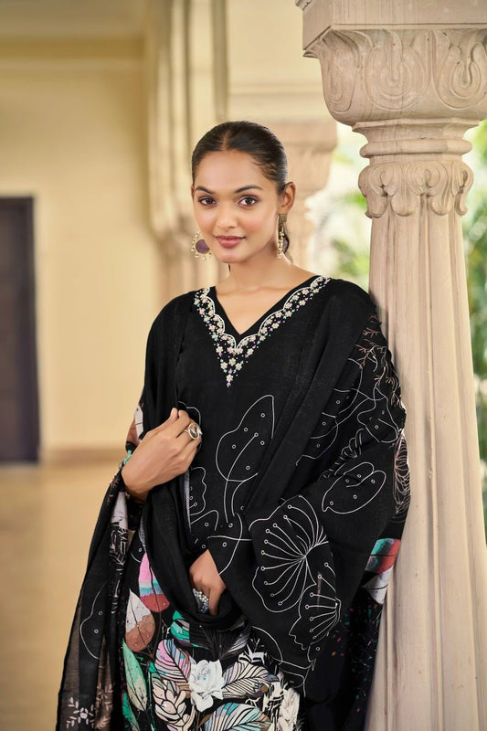 Noir Elegance Black Floral Straight Suit Set with Dupatta - Wearified