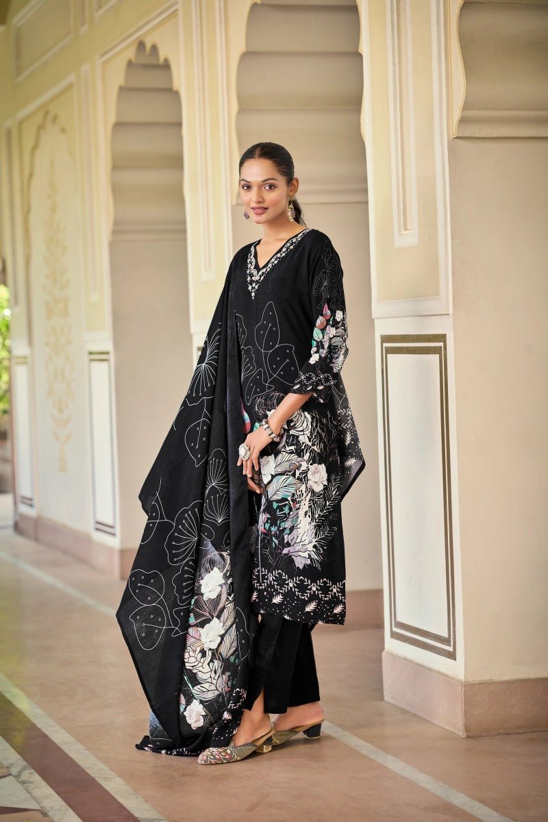 Noir Elegance Black Floral Straight Suit Set with Dupatta - Wearified