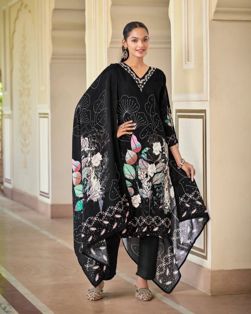 Noir Elegance Black Floral Straight Suit Set with Dupatta - Wearified