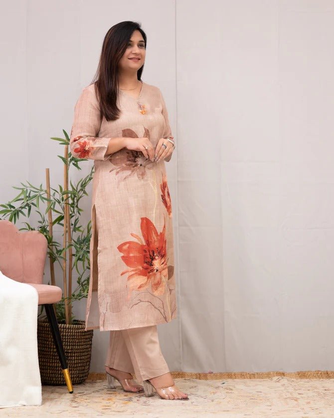 Pankhudi Beige Floral Kurta Set – Chanderi Cotton Elegance - Wearified