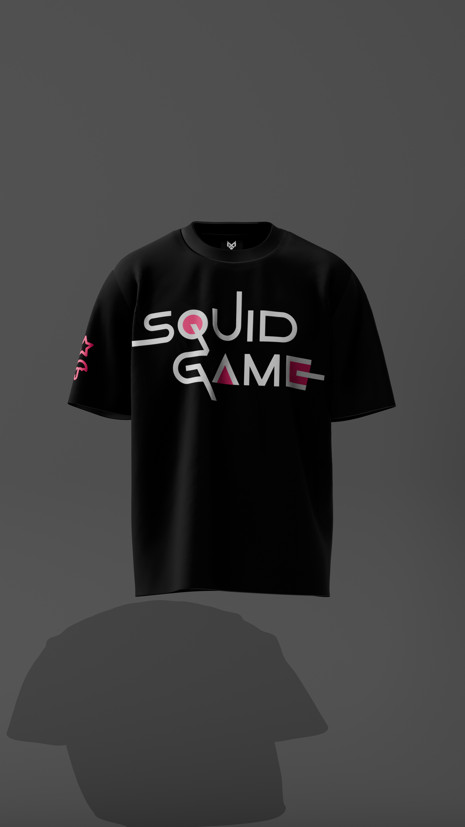 Black t-shirt with 'Squid Game' logo on a dark background
