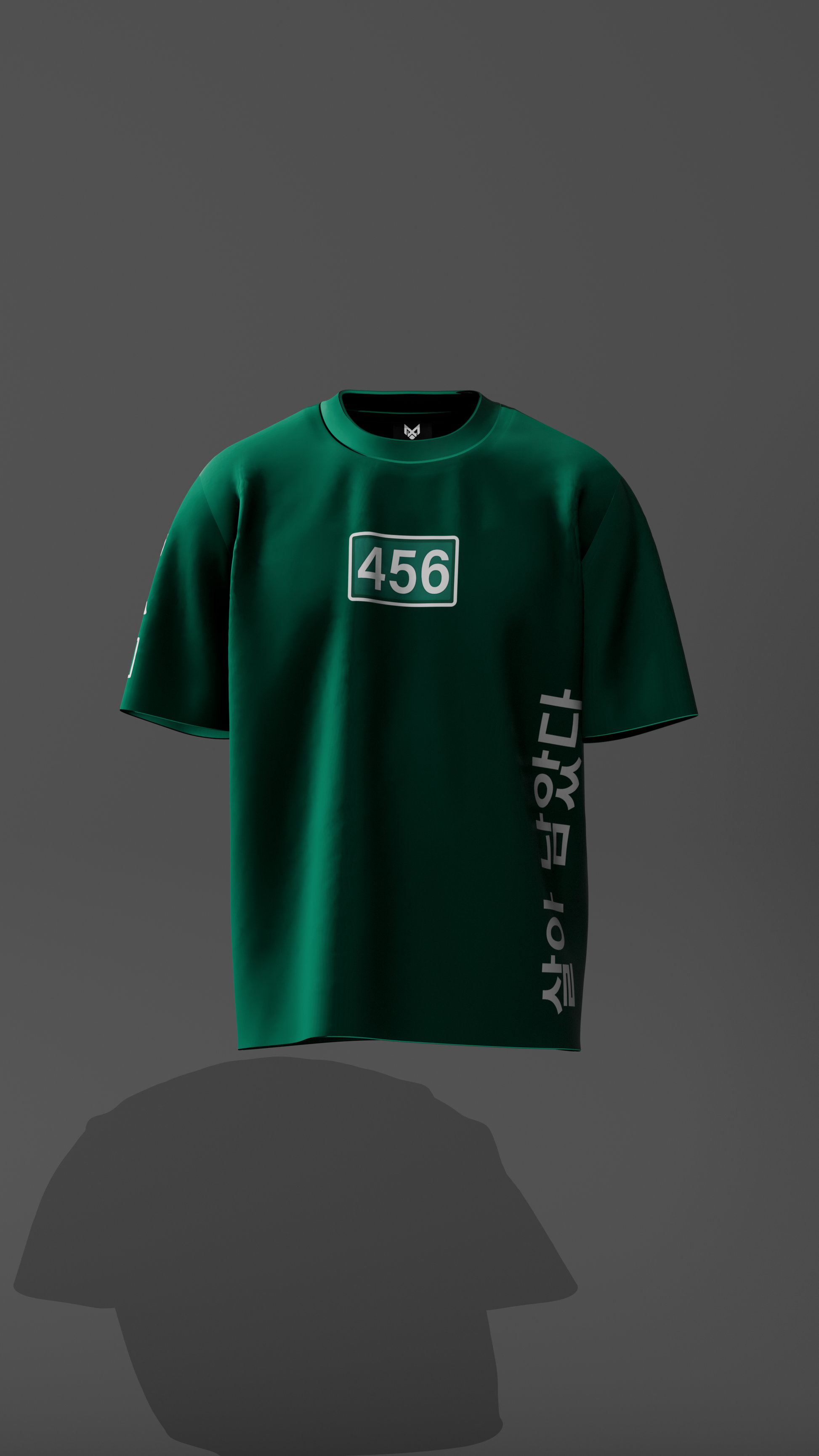 Green t-shirt with '456' and text on a gray background