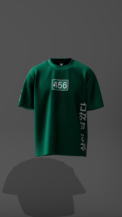 Green t-shirt with '456' and text on a gray background