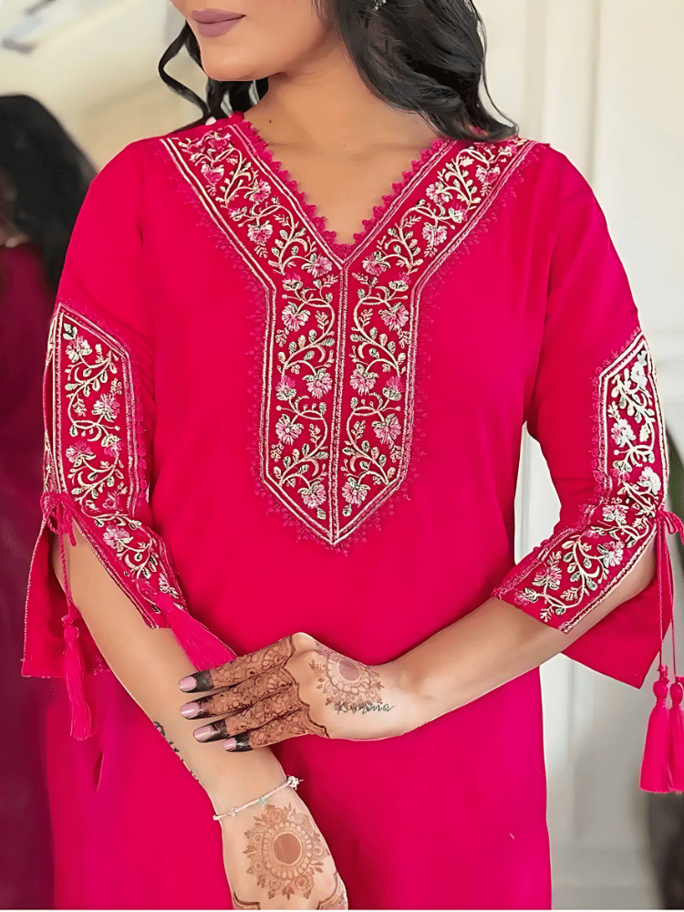 Viscose Pink Embroidered Straight Fit Kurti - Wearified