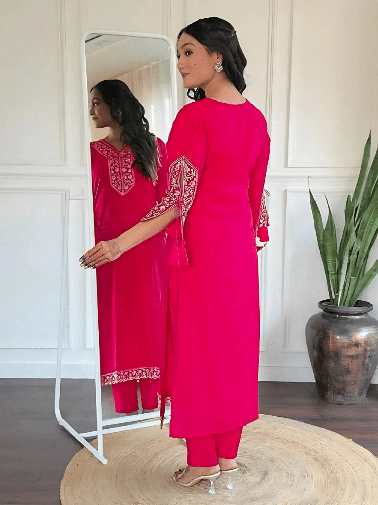Viscose Pink Embroidered Straight Fit Kurti - Wearified