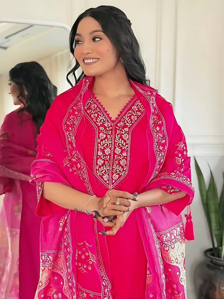 Viscose Pink Embroidered Straight Fit Kurti - Wearified