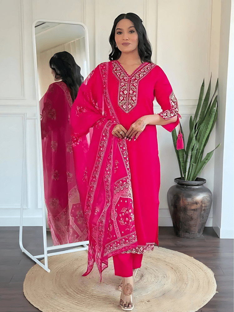 Viscose Pink Embroidered Straight Fit Kurti - Wearified