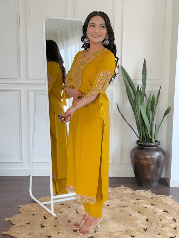 Viscose Yellow Embroidered Straight Fit Kurti - Wearified