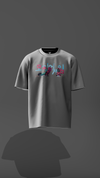 Gray t-shirt with colorful graphic design on a dark gray background